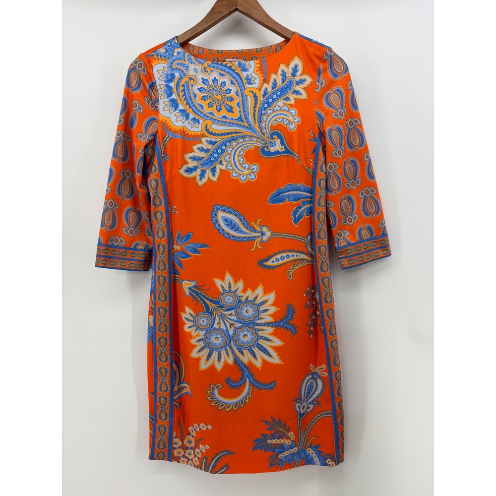 Gretchen Scott‎ Shift Dress Size XS Orange Blue Floral Paisley 3/4 Sleeve